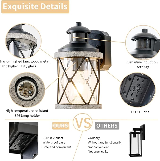 Dusk to Dawn Motion Sensor Outdoor Porch Light with GFCI Outlet3 Lighting Modes Anti-Rust Waterproof Industrial Outdoor LanternExterior Work lights Rustic Wood-Like Finish Wall Light (White 2 Pack)