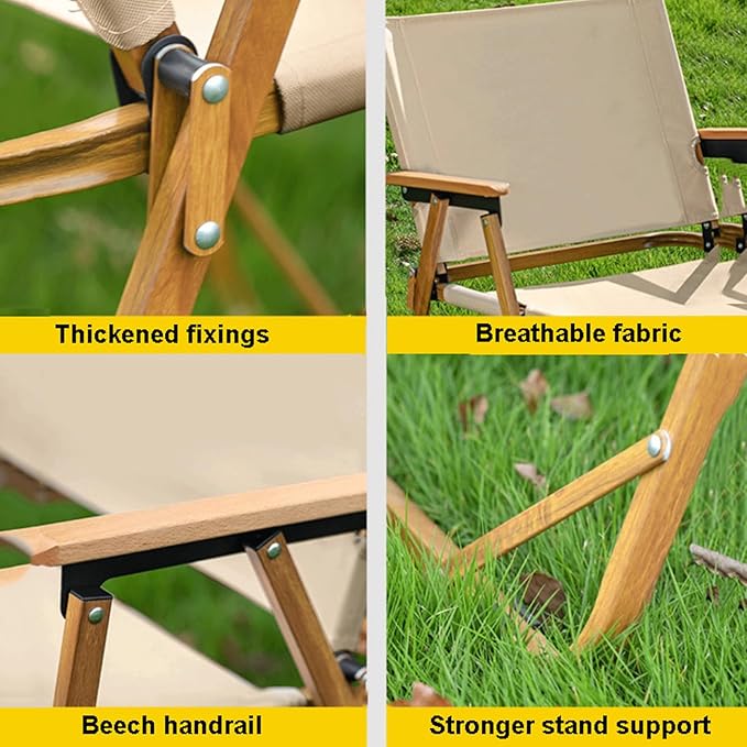 Aluminum Black Practical Outdoor Camping Folding Chair Portable Oxford Cloth Beach Chair Beech Wood Armrests for Parks Backpacking Yard Load Capacity 350 Lbs
