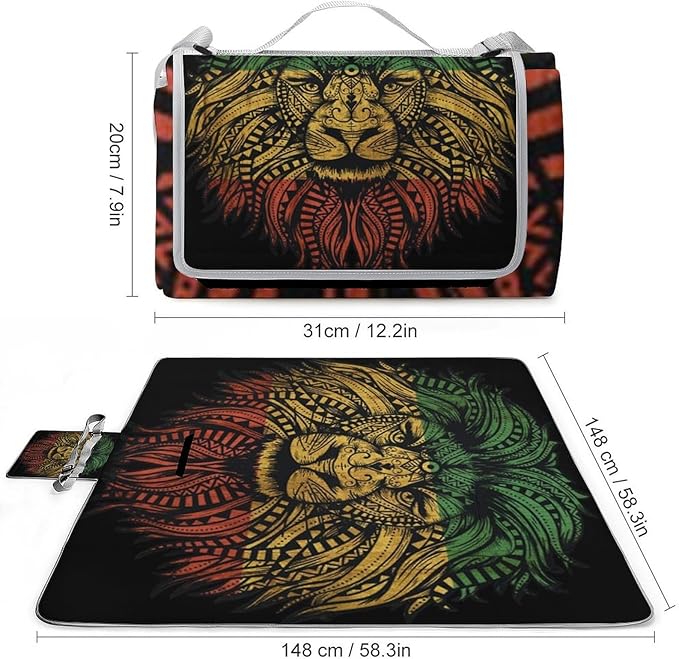 Lion of Judah Rasta Reggae Art Waterproof Outdoor Picnic Blanket Sandproof Beach Mat for Camping Hiking Grass Travelling