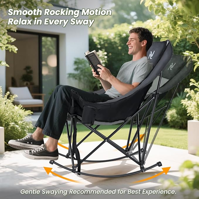 ABORON Oversized Rocking Camping Chair for Adults Fully Padded Folding Outdoor Lawn Chair with Cooler Bag &amp Side Pocket Portable Recliner Chair for Camp Patio Backyard Supports 400 lbs