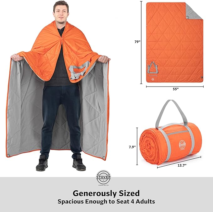 STOVER Large Waterproof Outdoor Stadium Blanket- Extra Thick Soft Fleece Camping Blanket for Travel Picnics Sports Dogs- 79x55 Warm Windproof Sand-proof Lightweight Packable (Game Day Orange)