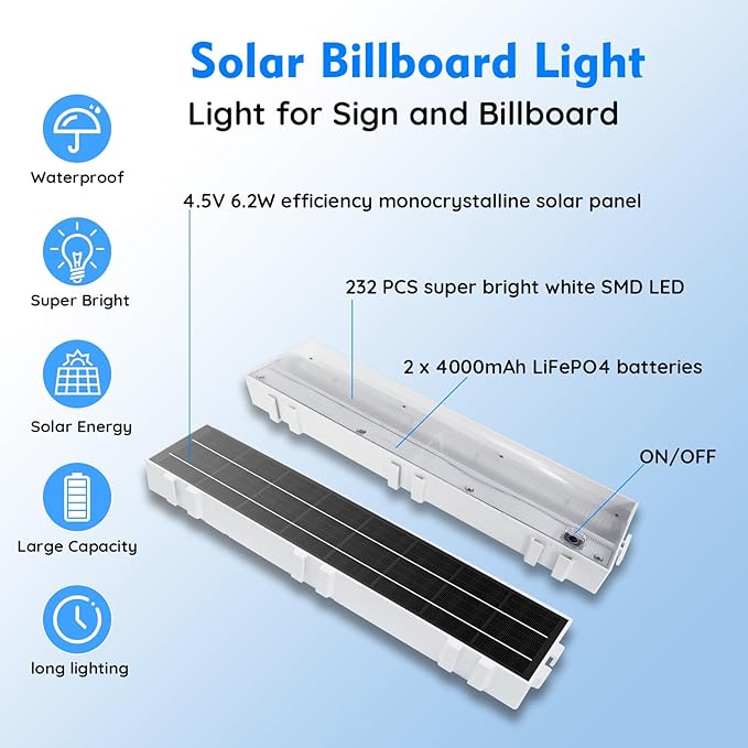 Solar Sign Lights Outdoor 232 Led 1200 Lumen Solar Sign Waterproof Light 8000 mAh Billboard Lighting for Bussiness Real Estate Barn Garage Shop Bus Stop HOA Highway Signs Small Supermarket