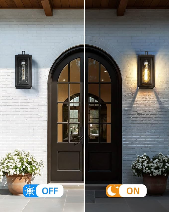 KIZON 15 Modern Outdoor Wall Lights with Seeded Glass Waterproof Black Outdoor Sconce Lights with LED Bulb Included Large Metal Exterior Lighting Fixtures for Porch Garage Entryway Patio