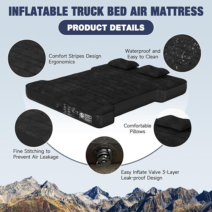 Truck Bed Air Mattress Full Size Truck Beds Inflatable Air Mattress Bed with Air Pump 2 Pillows Carry Bag Pickup Bed Air Mattress for Chevrolet Silverado Dodge Ram Ford Black