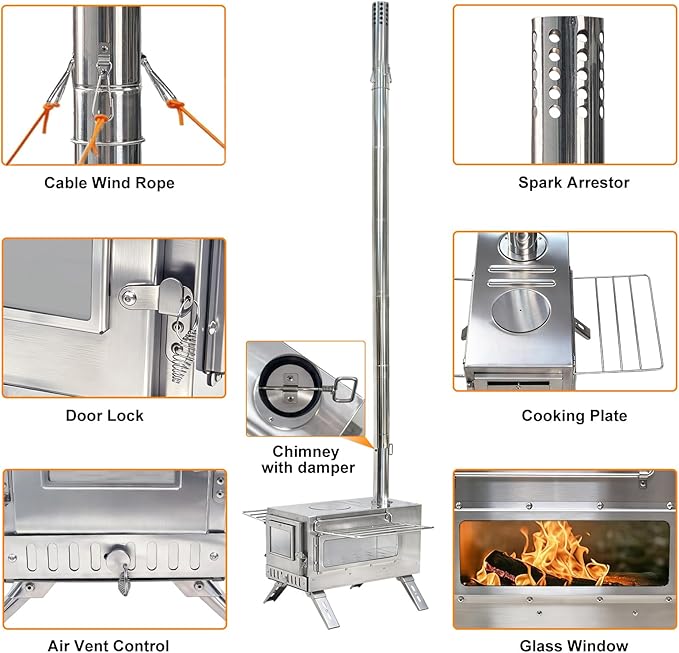 unho Outdoor Wood Burning Stove for Camping Stainless Steel Chimney Pipe Outdoor Heating &amp Cooking Hot Tent Stove