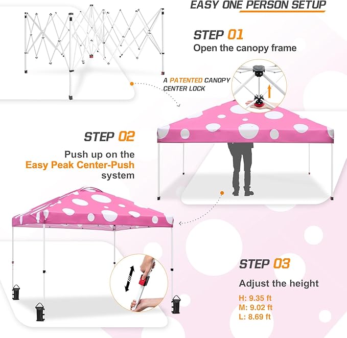 EAGLE PEAK Pop Up Canopy Tent with Wheeled Carry Bag 8 Stakes 4 Ropes 4 Weight Bags Easy Set Up Tent Canopy 10x10 ft 100sqft of Shade Pink Mushroom