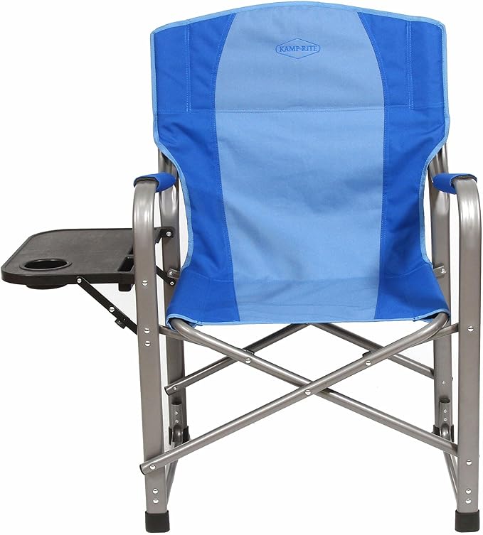 Kamp-Rite Portable Folding Outdoor Beach Patio Lawn Director's Chair w/Side Table &amp Cup Holder for Camping Tailgating and Sports 2-Tone Blue
