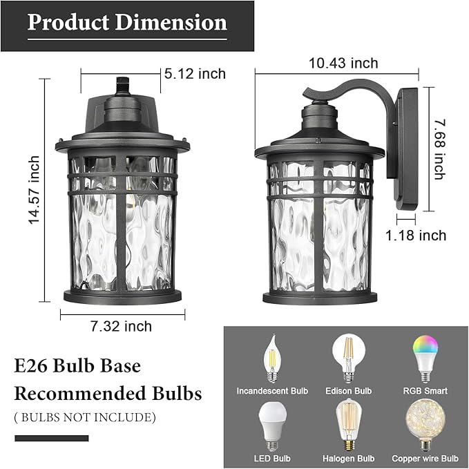 Darkaway 2pcs Large Outdoor Porch Lights Wall Mount 15inch Outside Light Fixtures Sconces Wall Lighting with Water Ripple Glass Waterproof Exterior Lights for Patio Yard Garage