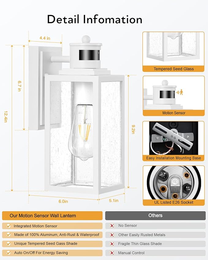 VIANIS White Motion Sensor Exterior Wall Light Modern Dusk to Dawn Outdoor Porch Lights Wall Mount Anti-Rust Aluminum Waterproof Outdoor Wall Sconce Exterior Lighting Fixtures for House Garage