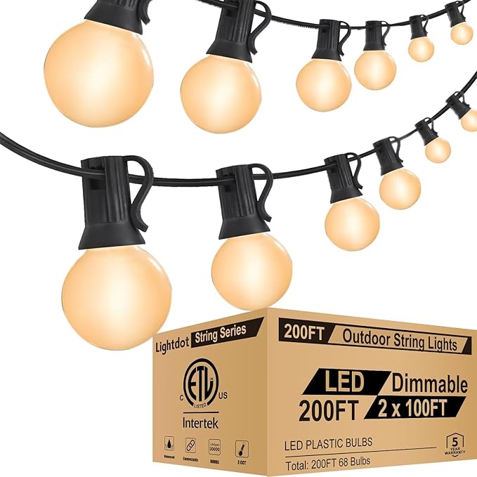 Lightdot 200FT Outdoor String Lights LED Bistro String Lights with Shatterproof G40 Vintage Bulbs 2200K Dimmable Outside Hanging Light Waterproof for PorchGarden Backyard Balcony- ETL Listed