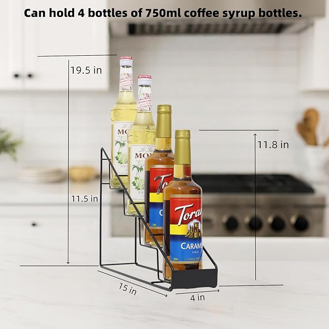 Coffee Syrup Rack &amp Syrup Holder – Loved by 5000+ Coffee Fans! Stepped Rustproof Rack Fits 750ml Torani &amp Monin Bottles Elevate Coffee Bars Kitchens Pubs Restaurants &amp Parties (4 Bot