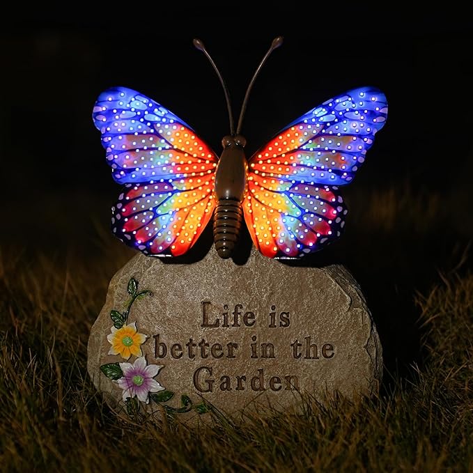 Solar LED Butterfly Garden Statue with Sparkling Light-Up Wings - Outdoor Yard Patio Decor Figurine for Women Mom Grandma (Orange)