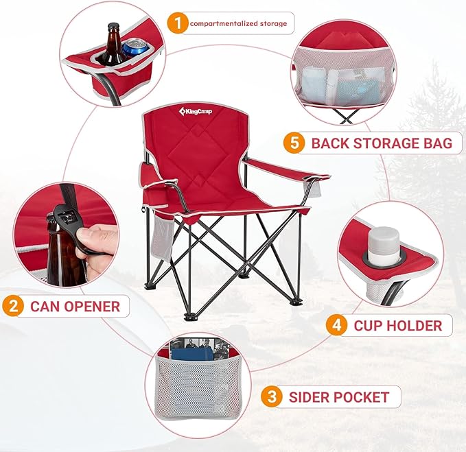 KingCamp Oversized Camping Chair Portable Folding Outdoor Chairs with Comfortable Padded Seat Side Pocket and Cup Holder for Fishing Tailgates Beach Lawn RED