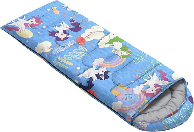 Kids Sleeping Bag for Boys GirlsCartoon Blue Unicorn Print-Lightweight Warm Portable Outdoor Indoor-Waterproof Cold Weather Resistant Sleeping Bag for Camping Hiking