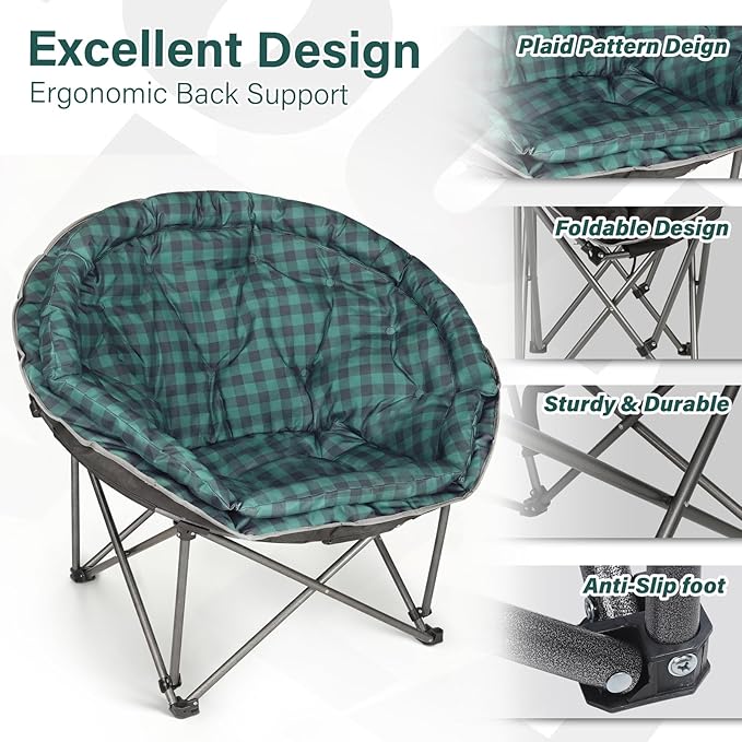 Oversized XXL Folding Round Camping ChairSuper Comfy Padded Moon Camp ChairsHeavy Duty Supports 200 Kg Outdoor Lawn Chairs for AdultsPerfect for IndoorFamily CampingHikingPicnics and Garden
