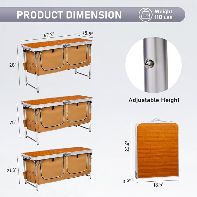 VINGLI 4 Ft Folding Table Aluminum Camping Table Picnic Table with Storage Adjustable Height for Outdoor Beach BBQ Backyards Travel Party (Brown)