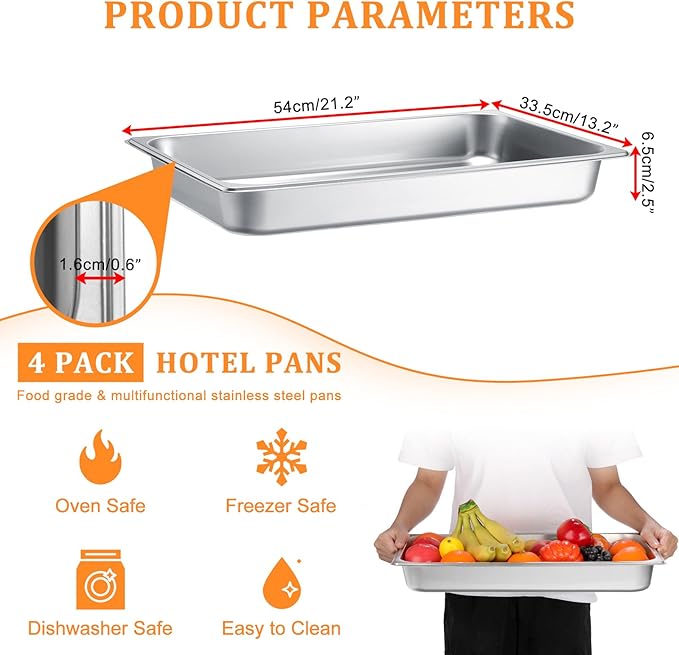 4 Pack Hotel Pans 1/1 Full Size 2.5 Inch Deep Steam Table Pan Stainless Steel Serving Trays Metal Trays for Food for Hotel Party Buffet Chafing Dishes Commercial Catering Supplies