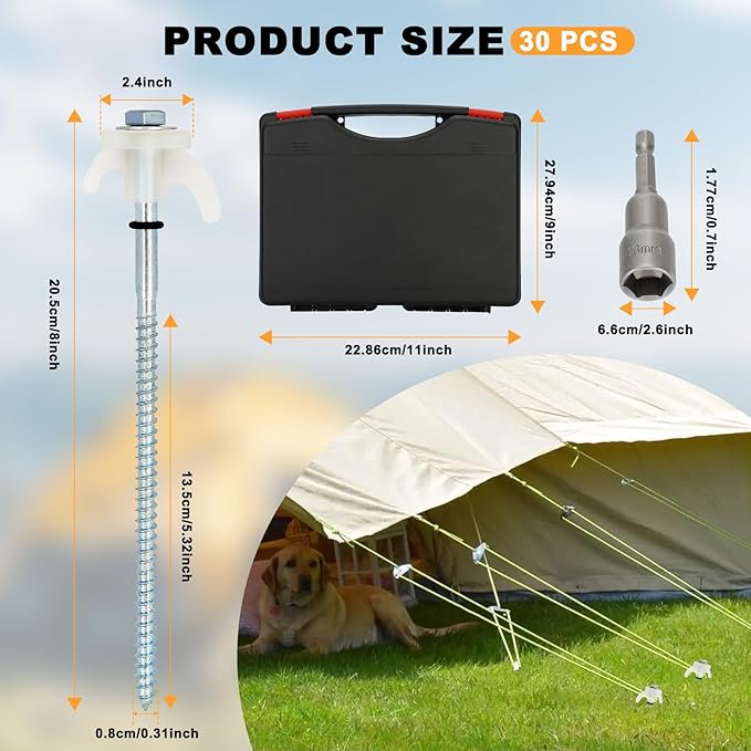 30 Pack 8 Heavy Duty Tent Stakes Screws- Glow in The Dark Metal Tent Stakes-Drill in Style Ground Anchor Screw in Pegs for Camping Patio Garden Awning Canopy Grassland Comes with Hexagon Head Drive