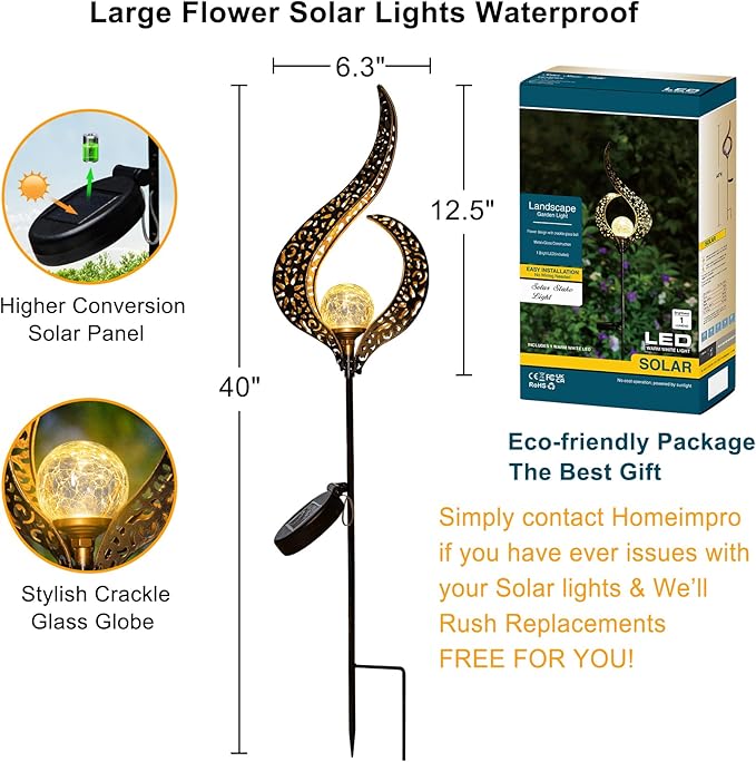 Outdoor Garden Gifts Solar Lights Stake Waterproof Mothers Day Gifts Mom Crackle Glass Metal Flower LED Yard Art Ornaments Lights for Pathway Lawn or Courtyard Birthday Gifts Women (Bronze)