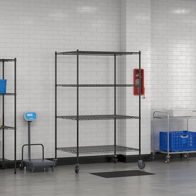 Commercial NSF Listed Black Epoxy Mobile Wire Shelving Kit 36 x 48 x 80 with 4 Shelves Perfect for Warehouse Walk-in Refrigerator Freezer Grocery Store Restaurant Dishroom