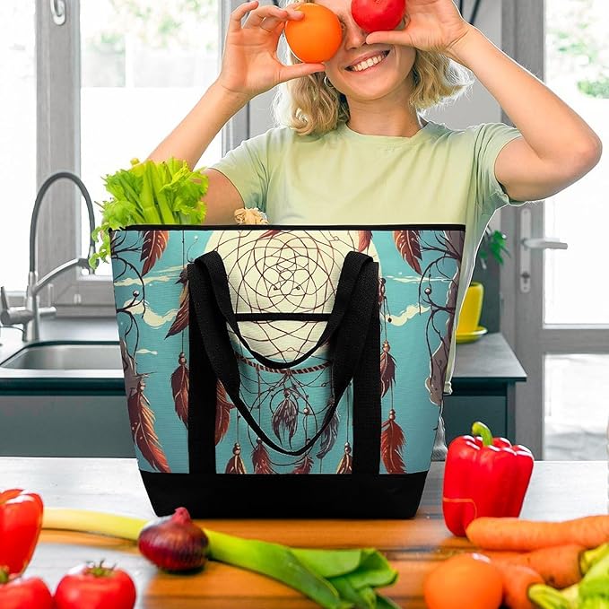 Insulated Shopping BagLarge Reusable Cooler Bags Catch Dream Net Printed Foldable Shopping BagTravel Waterproof Shoulder Bag