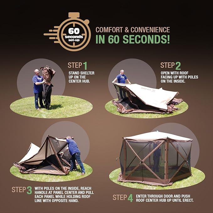CLAM Pop Up Screen Tent Large Outdoor Camping Gazebo Canopy Pavilion 12.5' Brown - Foldable and Portable Screened Shelter with Netting for Beach Patio and Backyard