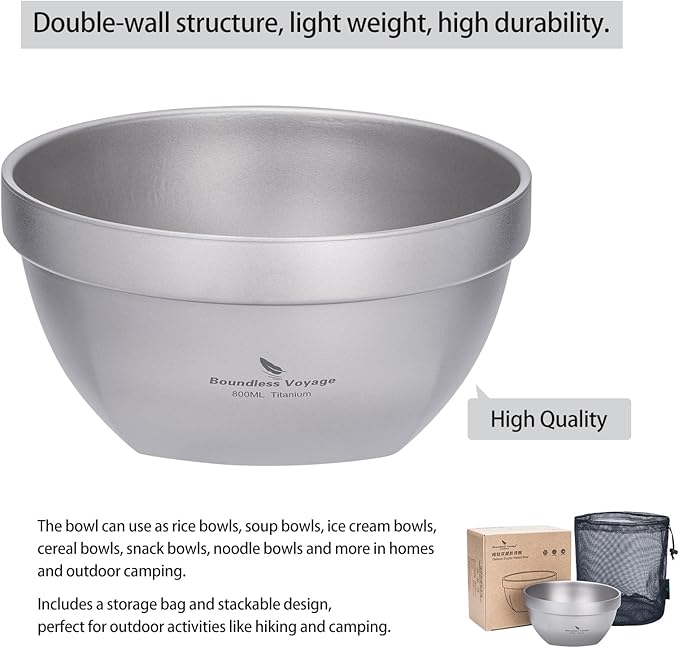 Boundless Voyage Titanium Double Walled Bowl Oatmeal Rice Soup Yogurt Bowl Ultralight Portable Tableware Outdoor Camping Metal Bowls (800ml)
