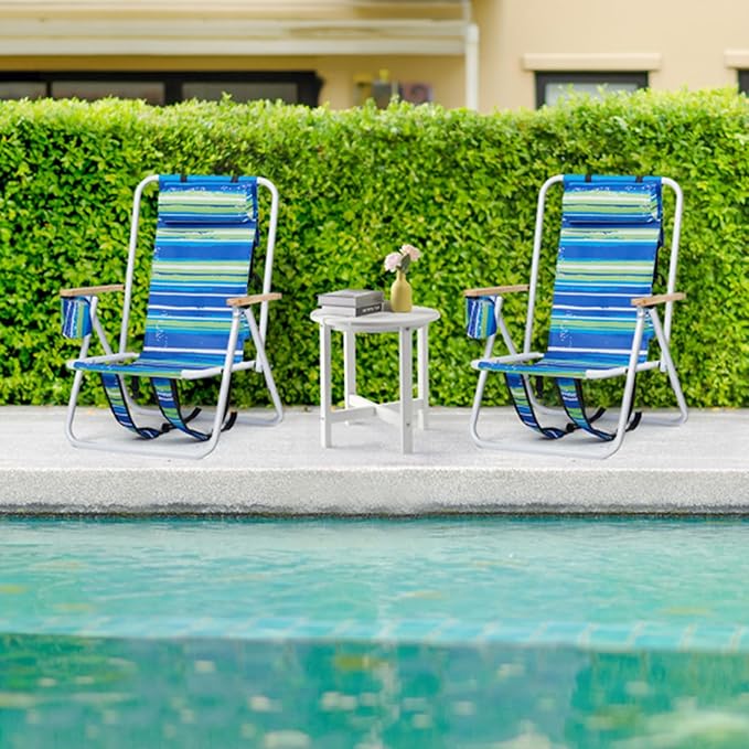 Beach Chairs for Adults 2 PackPortable Folding Backpack Beach Chair with Headrest Cup Holder and Wooden ArmrestsCup Holder for Outdoor/Lawn/PicnicFoldable Camping Chair (Blue Stripes-2Set)