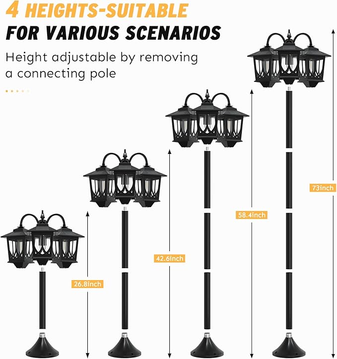 73 Aluminum Solar Lamp Post Light 3-Head Solar Light Posts for Outside Waterproof 90Lm Outdoor Lamps for Patio Backyard Front Porch Decor Warm White Replaceable Bulb