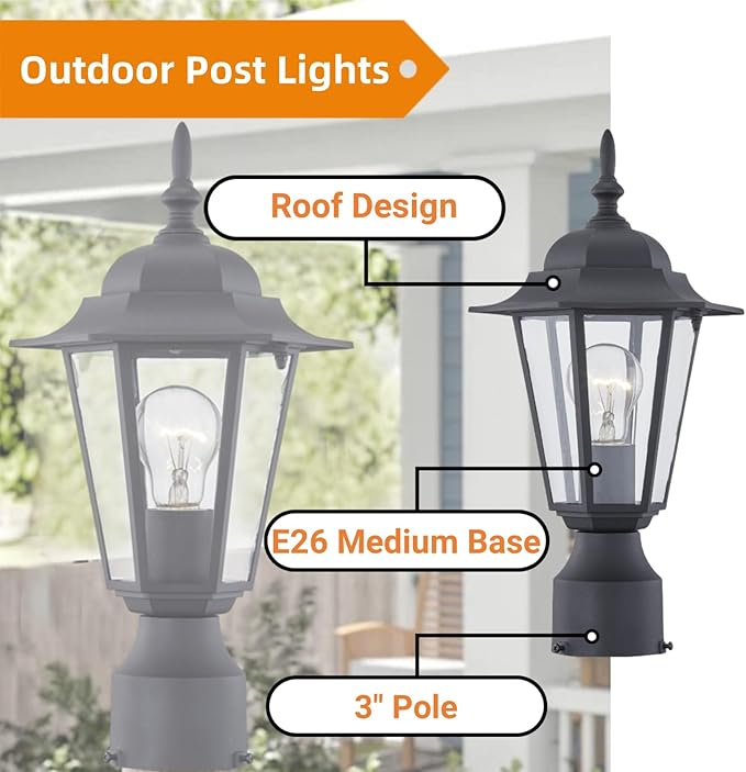 WISBEAM 2 Packs Outdoor Post Light Pole Lantern E26 Base 60W Max Aluminum Housing Plus Glass Wet Location Rated ETL Qualified Bulbs not Included Black