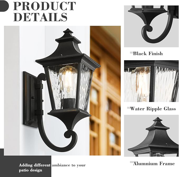 Emliviar Outdoor Light Fixture Wall Mount 15 Inch 1-Light Exterior Wall Sconce Light with Water Ripple Glass Black Finish XE292UB-SW BK