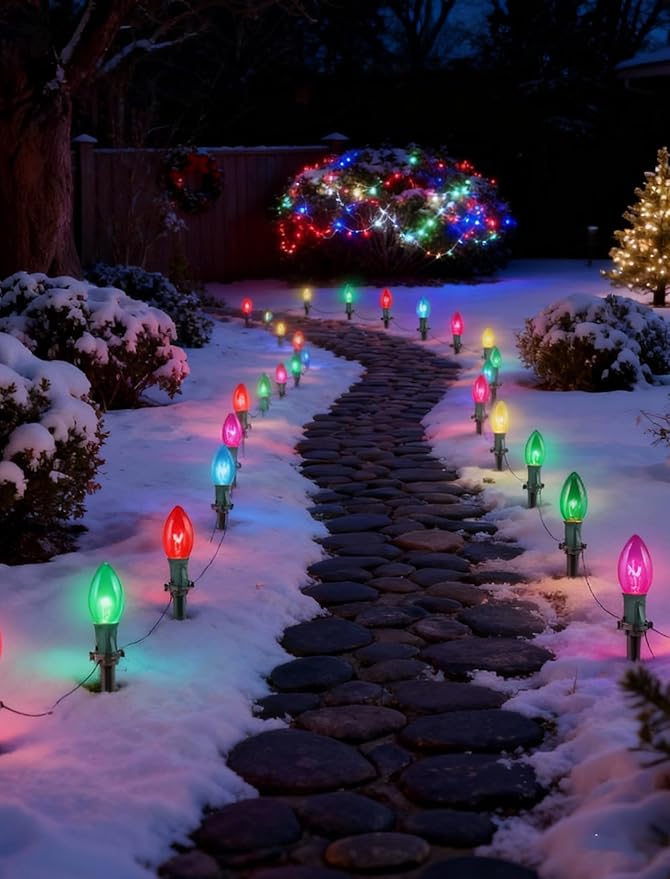 C9 Christmas Pathway Lights Outdoor 38Ft Vintage Christmas Decorations String Lights with 27 C9 Multicolor Bulbs and 25 Stakes Outside Walkway Lights for Driveway Sidewalk Yard Path Xmas Decor