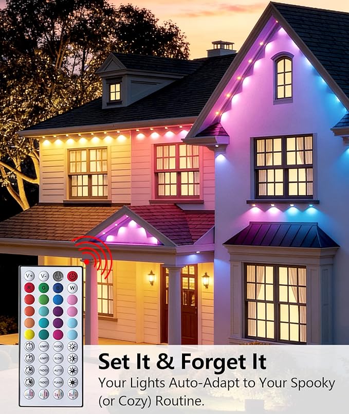 200FT RGB Permanent Outdoor Lights Smart APP &amp Remote Control IP67 Waterproof for Eaves Patio Yard Party Villa 16 Million Colors &amp Scene Modes