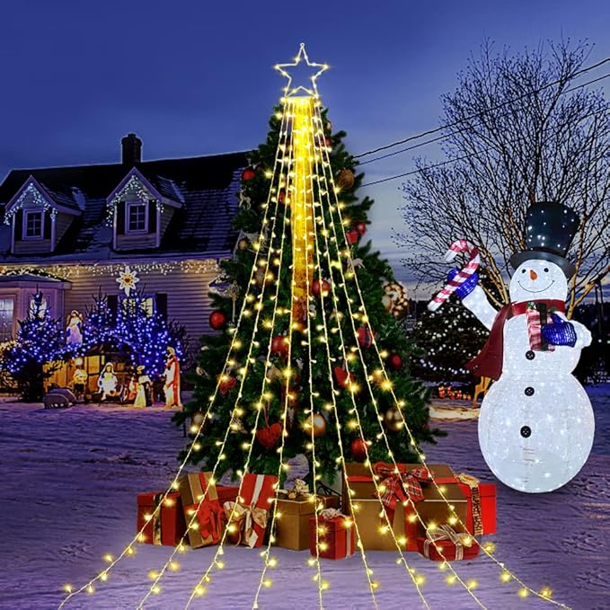 Christmas Decoration Star Lights Outdoor 320 LED 16.4Ft Christmas Tree Toppers String Lights [8 Modes&amp Waterproof] for Halloween Christmas New Year Holiday Birthday (Iron-Warm White)