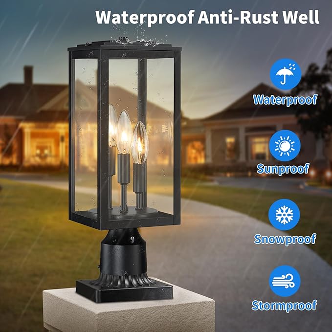 16.6'' Dusk to Dawn Post Light Outdoor Large 3-Light Lamp Post Light Fixture Modern Pillar Outside Lighting Waterproof Post Lantern Pole Lights for Porch 1 Pack (Not Include Mounting Base)