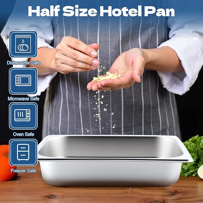 6 Pack Hotel Pans Half Size 1/2 Size 2.5 Inch Deep Stainless Steel Steam Table Pan Catering Food Storage Metal Pan Metal Food Pans for Home Party Hotel Buffet Restaurant