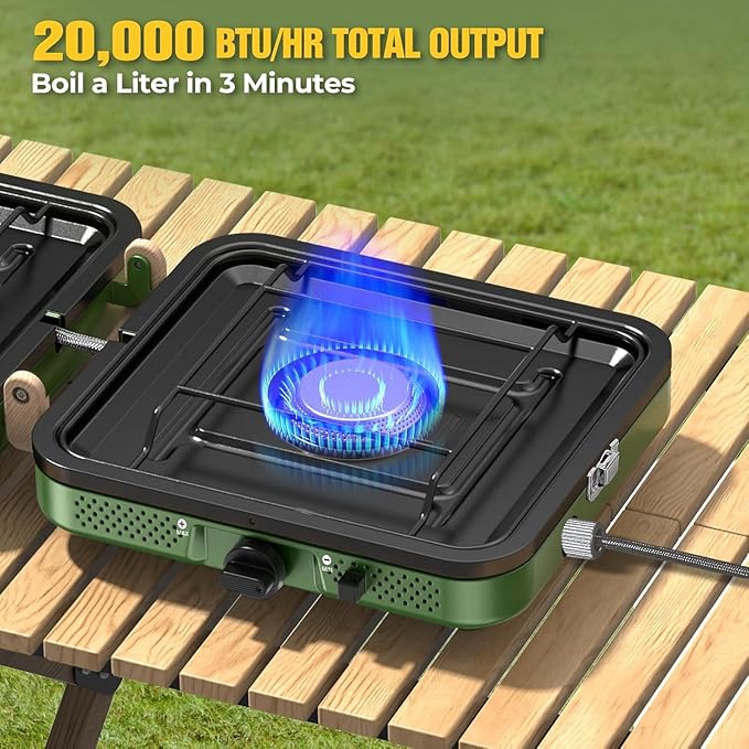 2 Burner Camping Stove 20000 BTU Propane Camp Stove Portable Folding Gas Travel Stove Camping Essentials Gears Includes GrillCarrying Bag Adjustable Burners &amp Piezo Ignition for TailgatingBBQ