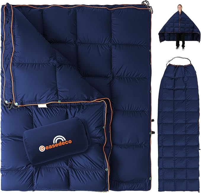Down Camping Blanket - Lightweight Packable Warm Puffy Travel Quilt with Footbox 650 Fill Power Waterproof Outdoor Blankets for Hiking Travel Down Quilt Navy Blue 1lb 1oz / 77''*52''