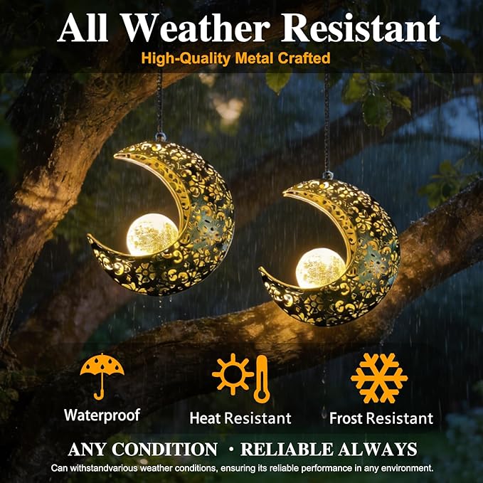 Solar Garden Hanging Moon Lights Outdoor Decor2 Pack Metal Lanterns Art Decorations for Outside Yard Lawn Patio Wall Fences Driveway TrailUnique Housewarming Gardening Gifts for Women Mom