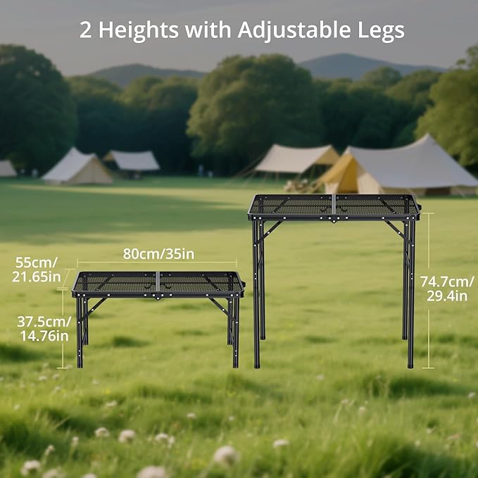 Anbte Portable Grill Table Max 29.5 2 Adjustable Heights Folding Camping Table with Heat-Resistant Mesh Tabletop &ampPortable Handle Waterproof for Cooking BBQ Outdoor Patio 31 X 22 Black
