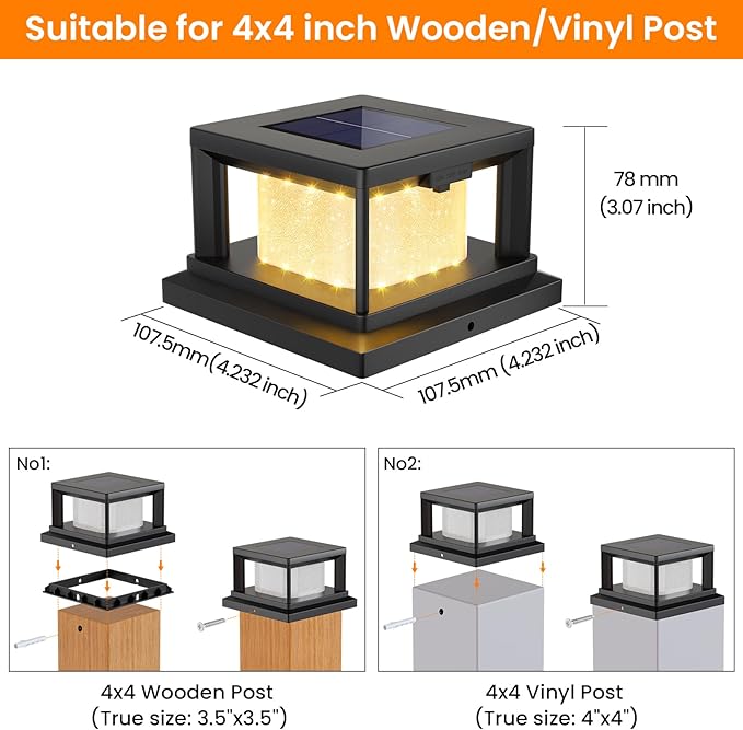 Mlambert 8 Pack Solar Post Lights Outdoor 2 Modes LED Fence Cap Light for 4x4 Post Waterproof Deck Light Patio Garden Decor Warm/Cool White Black
