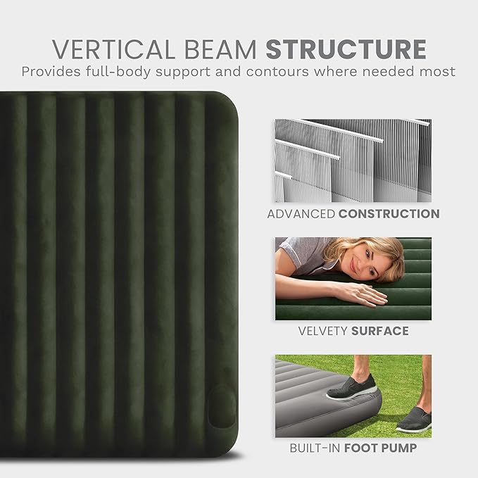 Intex 64763E Dura-Beam Standard Downy Air Mattress: Fiber-Tech – Queen Size – Built-in Foot Pump – 10in Bed Height – 600lb Weight Capacity