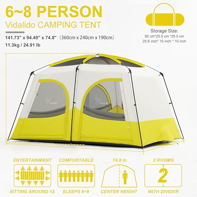 Vidalido Tents6-8 Person Camping Tent with Extended Vestibule2 Room Weather Resistant Family TentsEasy Install Waterproof Outdoor Tent for Backpacking and Camping Hiking