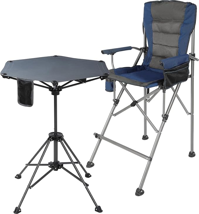 Extra Tall Folding Chairs &amp Adjustable Height Folding Table Set Portable Outdoor Bar Table &amp Foldable Director Chairs with High Back and Storage Bag for BackyardBeachTravel