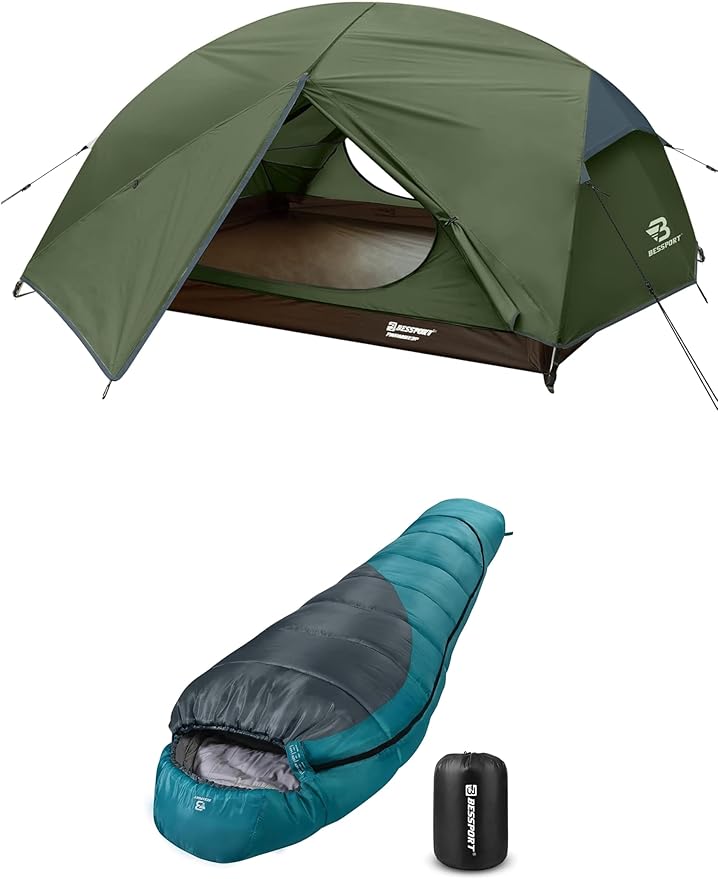 Bessport Mummy Sleeping Bag and Bessport Camping Tent for 2 Person Lightweight Backpacking Tent Waterproof Windproof Two Doors Easy Setup Double Layer Outdoor Tents for 3 to 4 Seasons Suitable for O
