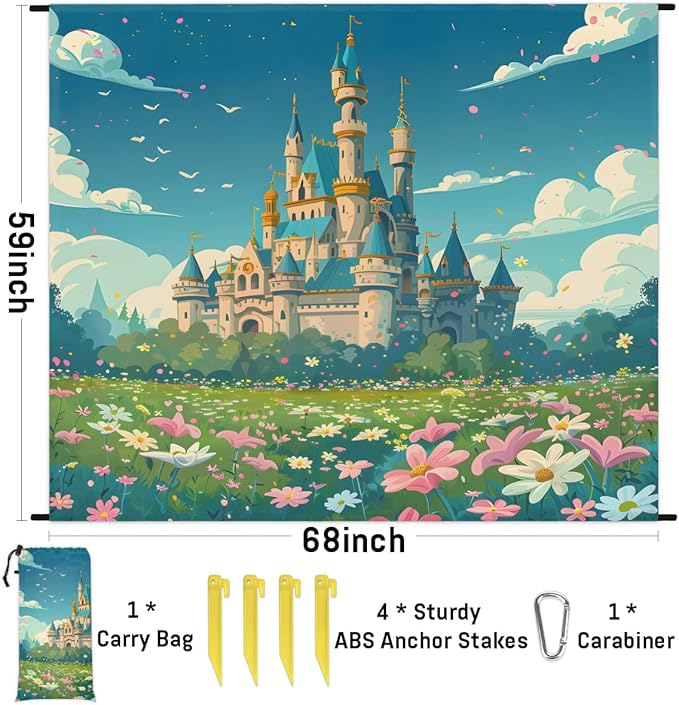 Waterproof Sandproof Beach Blanket 59''×68'' Landscape Polyester Outdoor Picnic Blanket with 4 Stakes &amp Storage Bag for BeachCampingVacation Castle