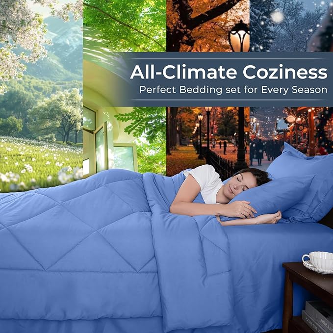 HEVUMYI Royal Blue Queen Comforter Set - 7-Piece All Season Bed in a Bag Queen Ultra Soft Bedding Set with Comforter Flat Sheet Fitted Sheet Pillowcases Pillow Shams