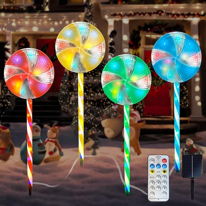 Candy Christmas Decorations Pathway Outdoor Solar Lights 29 inches 80 LED Lighted Lollipop Solar Christmas Lights with 8 Modes Waterproof String Lights Outdoor Lights for Yard Patio Walkway-4PCS