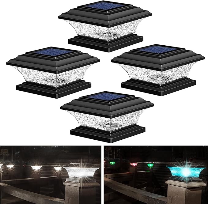 HUYIENO Solar Post Cap Lights - Outdoor LED Deck Fence Cap Light 9 Light Modes Bright White/7 Color Fixed &amp Cycling Modes Suitable for 4x4 &amp 5x5 Wooden Posts Black 4pk