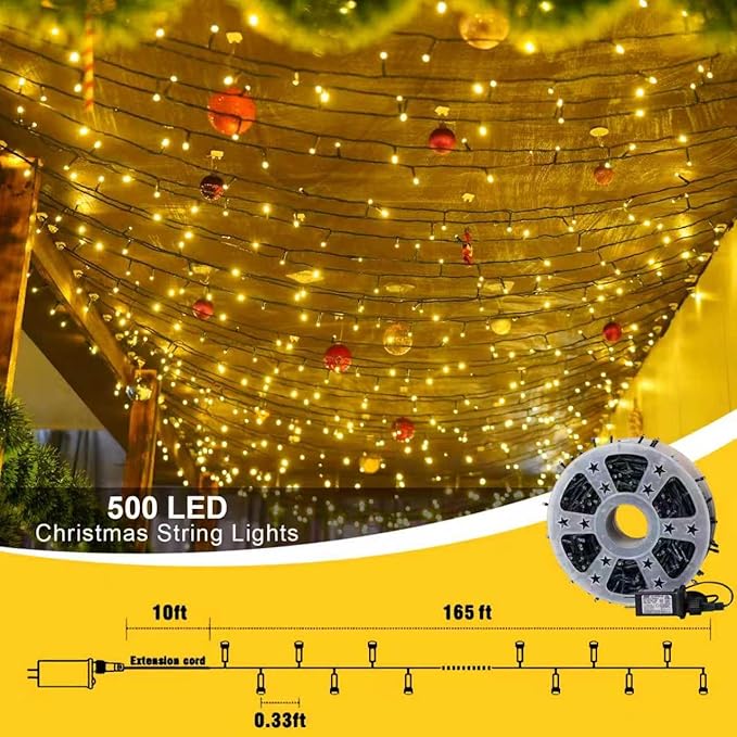 QITONG 500LED Warm White Christmas Lights 165ft Christmas String Lights Outdoor Waterproof with Plug in Green Wire Twinkle Lights Indoor with 8 Modes